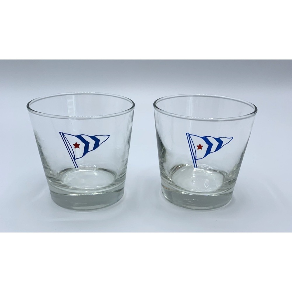2 Libbey Vintage Glasses Yacht Club Flag Whiskey Low Ball Bar Barware EUC